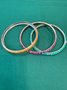 3 Colorful Beaded & Enamel Metal Bangle Bracelets 99D